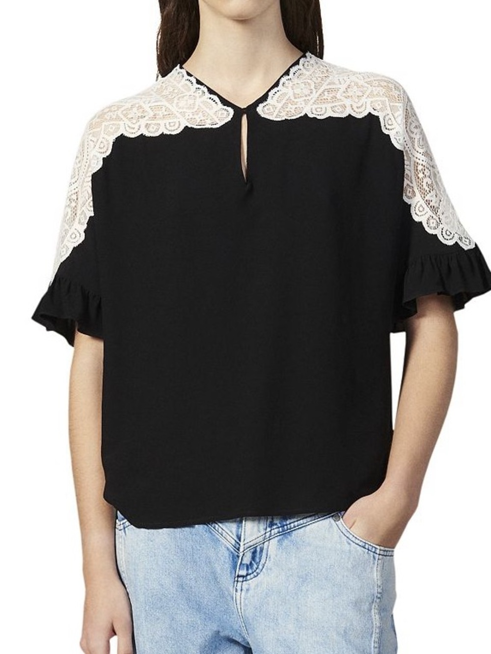 SANDRO Gwenala Lace-inset Keyhole Top In Black